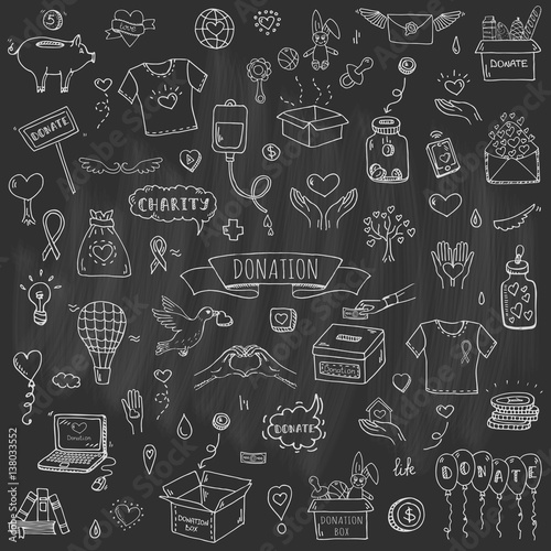Hand drawn doodle Donation icons set. Vector illustration. Charity symbols collection Cartoon donate sketch elements: blood donation, box, heart, money jar, care, help, gift, giving hand, fund raising
