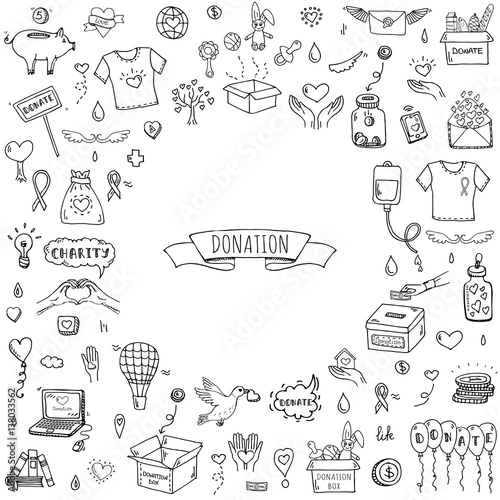 Hand drawn doodle Donation icons set. Vector illustration. Charity symbols collection Cartoon donate sketch elements: blood donation, box, heart, money jar, care, help, gift, giving hand, fund raising