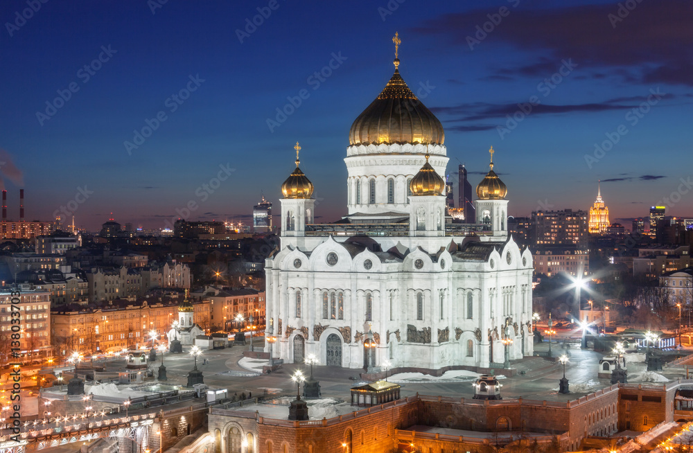 Cathedral of Christ the Savior in the night, Russia, Moscow