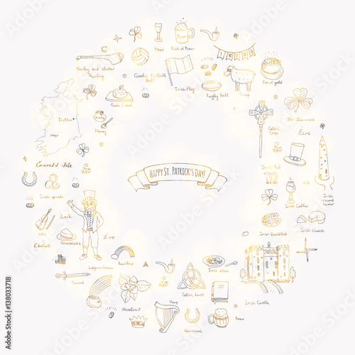 Hand drawn doodle Happy St. Patrick's Day set. Ireland icons. Vector illustration Sketchy Irish traditional food icons elements Flag Map Celtic Cross Knot Castle Leprechaun Shamrock Harp Pot of gold