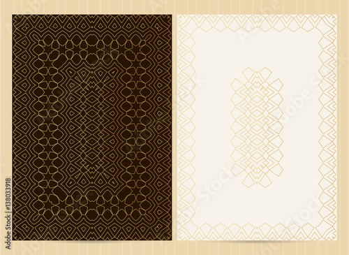 A4 format cards decorated with lace pattern in golden colors.Vector template for restaurant menu, flyer, greeting card, brochure, book cover and any other decoration.