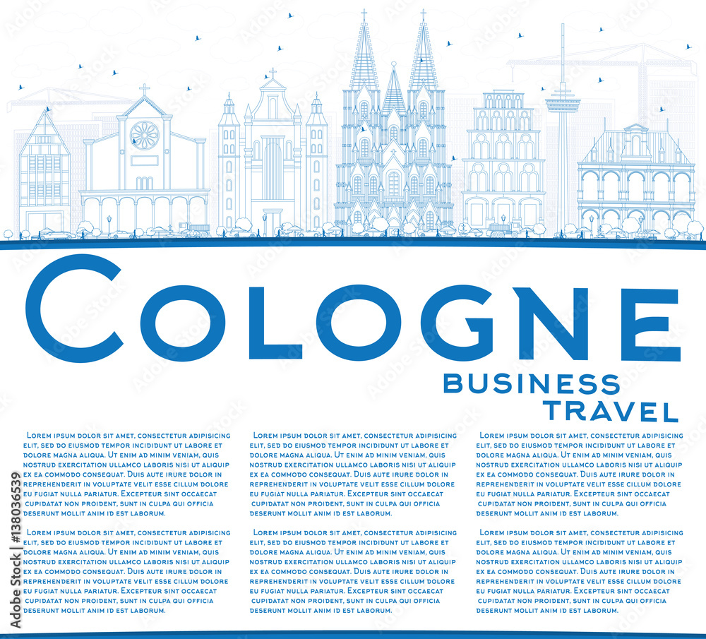 Outline Cologne Skyline with Blue Buildings and Copy Space.