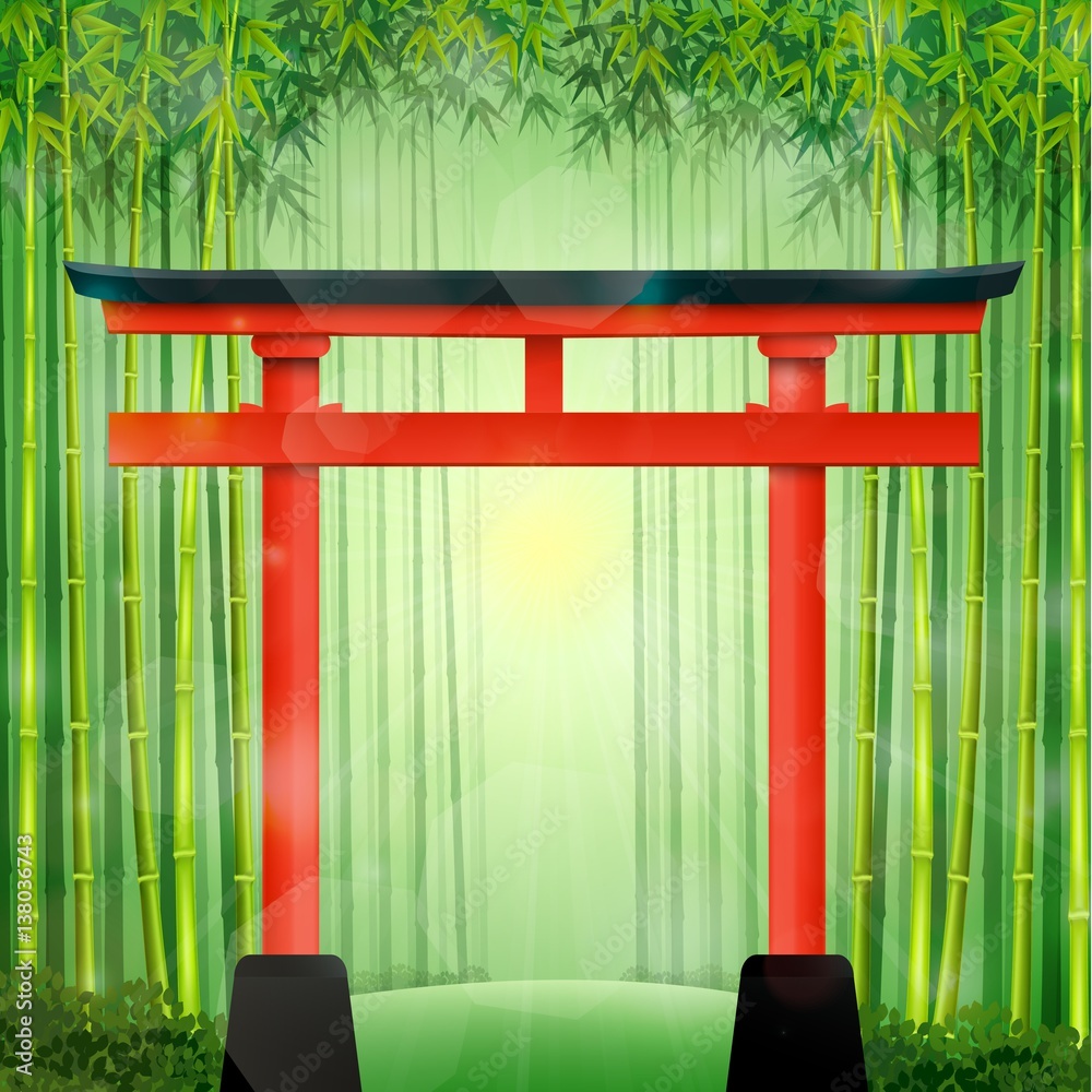 Naklejka premium Bamboo forest with red Japanese gate