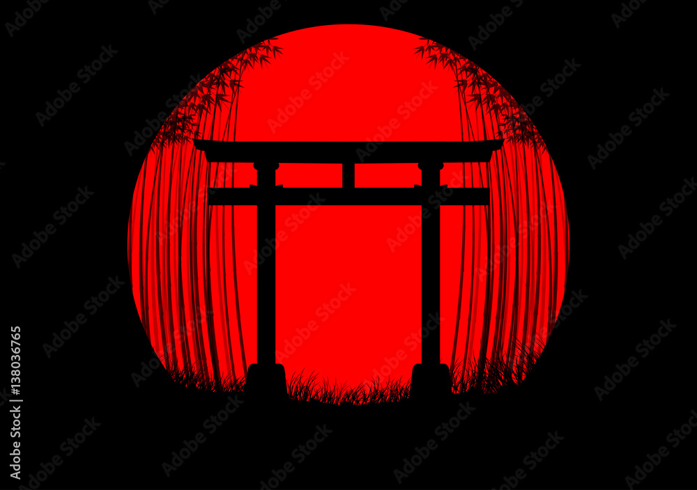 Naklejka premium Bamboo forest background in the japanese sunrise with black silhouette and japanese gate