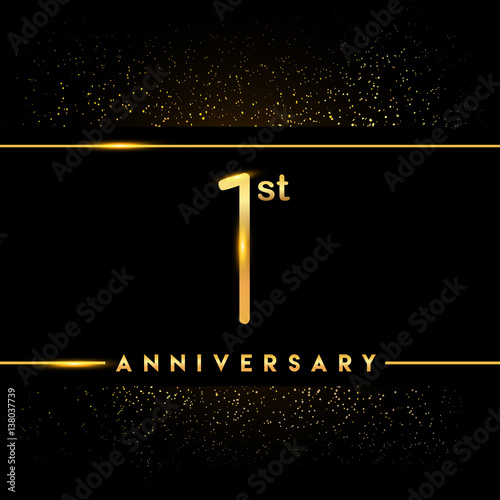 Celebrating of 1 years anniversary, logotype golden colored isolated on black background and confetti, vector design for greeting card and invitation card