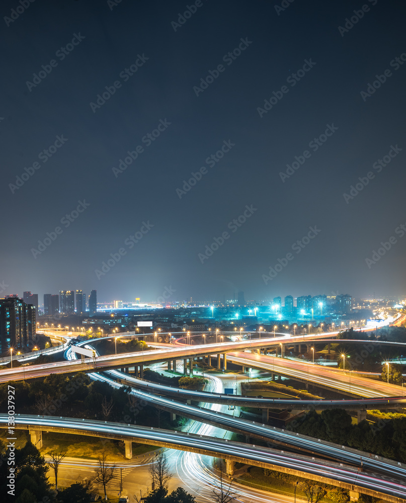 Aerial View of Suzhou overpass at Night in China.