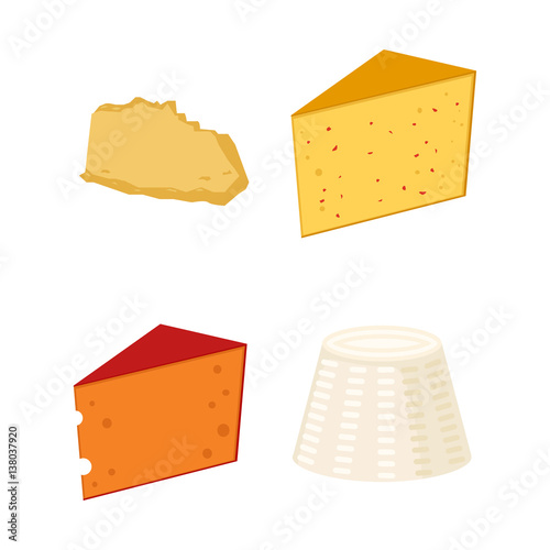 Delicious fresh cheese variety italian dinner icon flat dairy food and milk camembert piece different delicatessen gouda set isolated vector illustration.