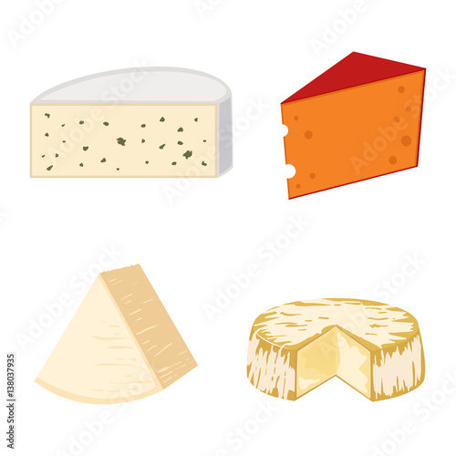 Delicious fresh cheese variety italian dinner icon flat dairy food and milk camembert piece different delicatessen gouda set isolated vector illustration.