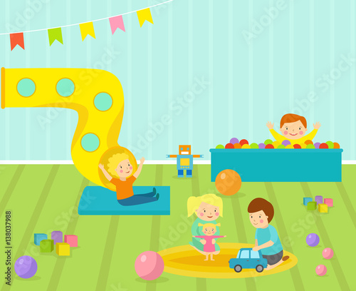 Kids playroom with light furniture decor playground and toys on the floor carpet decorating flat style cartoon comfortable interior vector illustration.