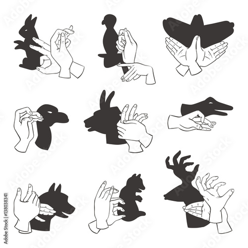 Hands gesture like different animals imagination theatrical symbol and people finger figures puppet copy leisure shadow silhouette vector illustration.