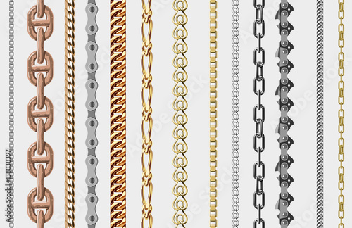 Chains link strength connection vector seamless pattern of metal linked parts and iron equipment protection strong sign shiny design background.