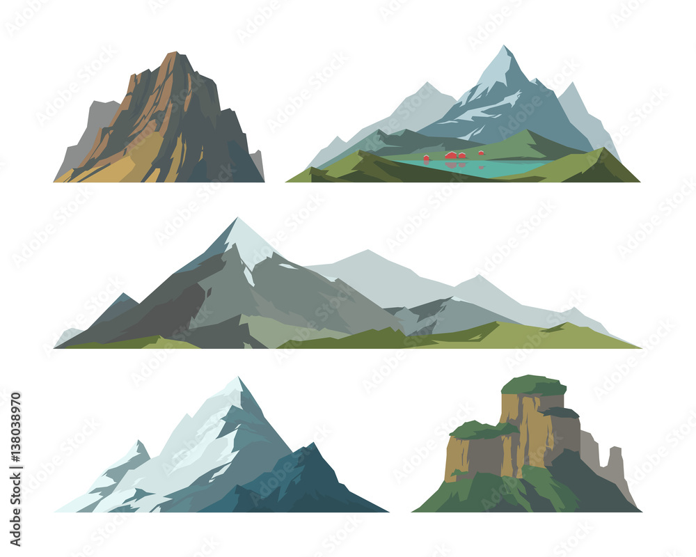 Mountain mature silhouette element outdoor icon snow ice tops and decorative isolated camping landscape travel climbing or hiking geology vector illustration. - obrazy, fototapety, plakaty 