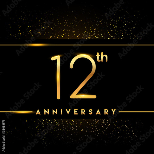 Celebrating of 12 years anniversary, logotype golden colored isolated on black background and confetti, vector design for greeting card and invitation card