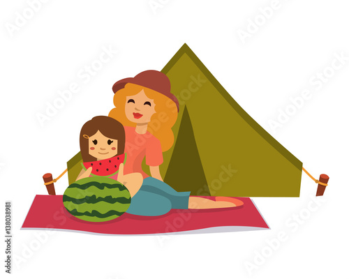 Picnic setting with fresh food hamper basket barbecue resting couple and summer meal party family people lunch garden character vector illustration.