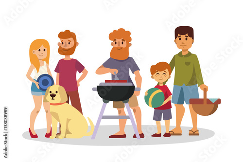 Picnic setting with fresh food hamper basket barbecue resting couple and summer meal party family people lunch garden character vector illustration.
