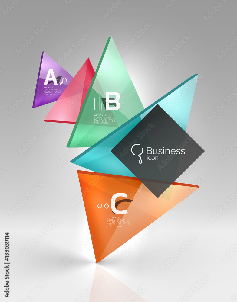 Glossy glass translucent triangles on 3d empty space