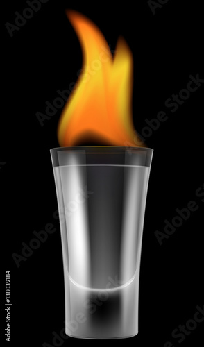 Burning glass shot of alcohol on black background. Vector illustration.