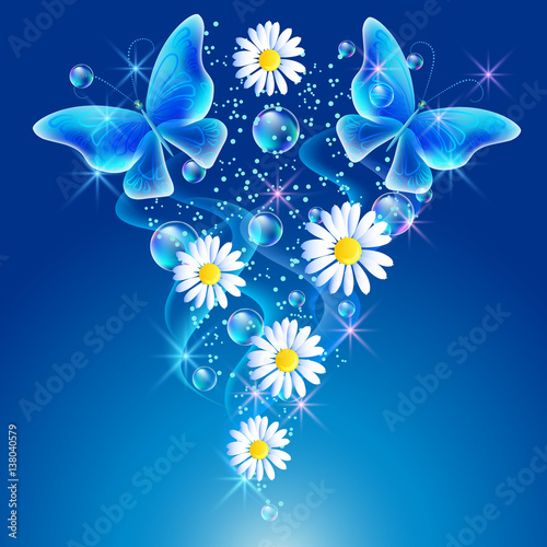 Daisy and butterflies in the sky