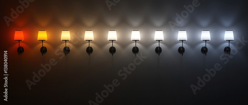  3d image which displays the color temperature difference of various lights. cold, neutral and warm shades comparisons. photo