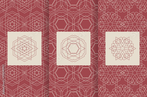 Set of seamless patterns in red color with logo element. Collection of vector backgrounds. Abstract geometric design. © ederella