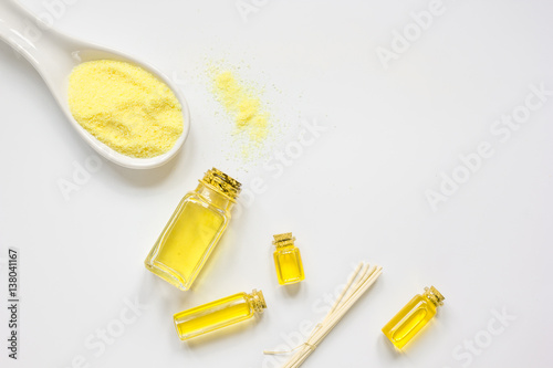 Cosmetic set with oil and salt on white background top view mockup
