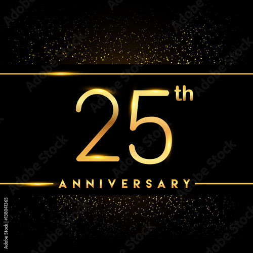 Celebrating of 25 years anniversary, logotype golden colored isolated on black background and confetti, vector design for greeting card and invitation card
