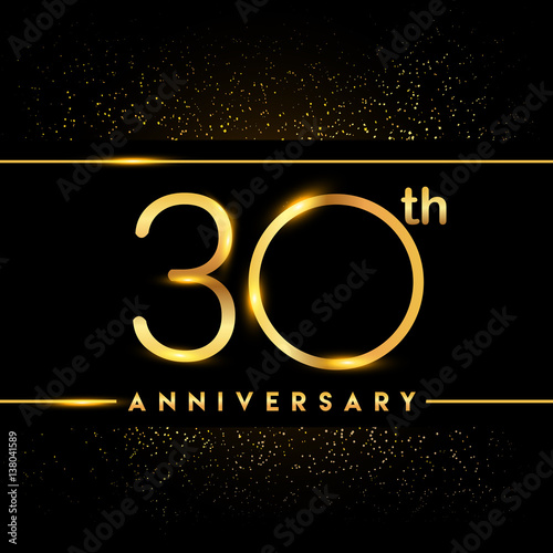 Celebrating of 30 years anniversary, logotype golden colored isolated on black background and confetti, vector design for greeting card and invitation card