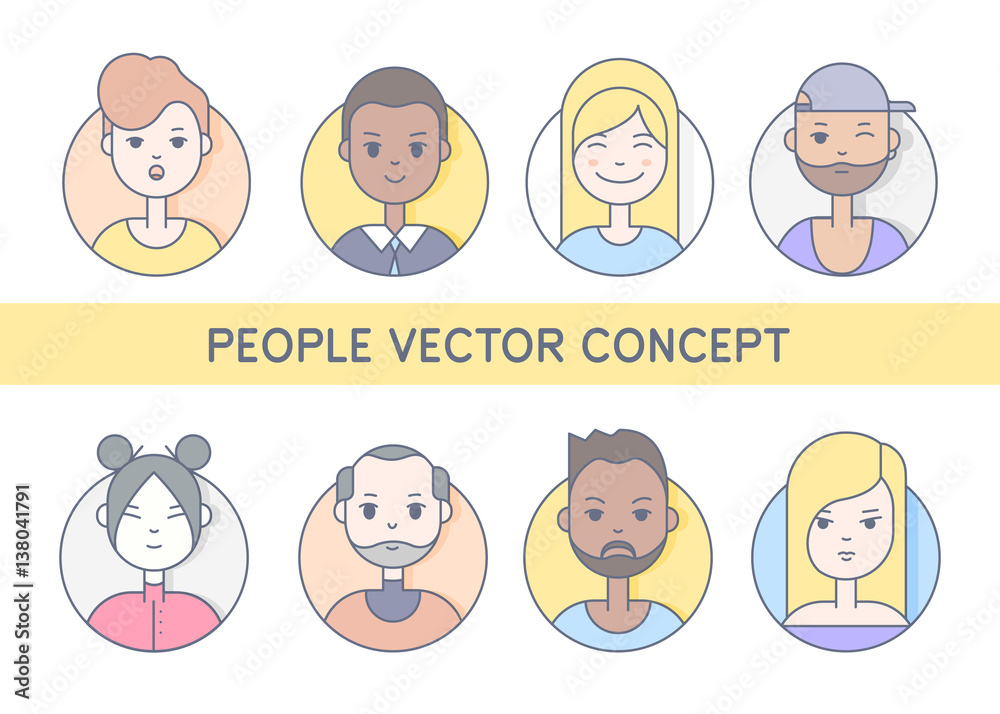 Linear Flat people faces vector icon set, illustrations set. Linear Flat people faces vector icon set, illustrations set.
