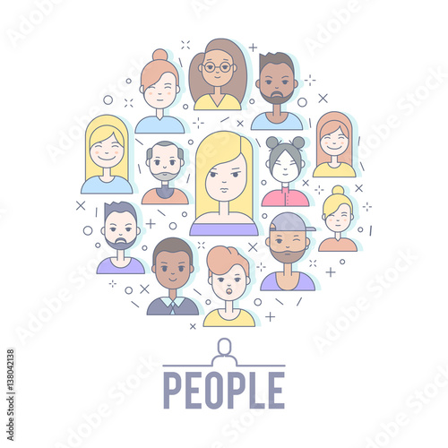 Linear Flat people faces vector illustration.