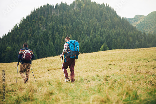 Hikers walking in a field towards forested hills