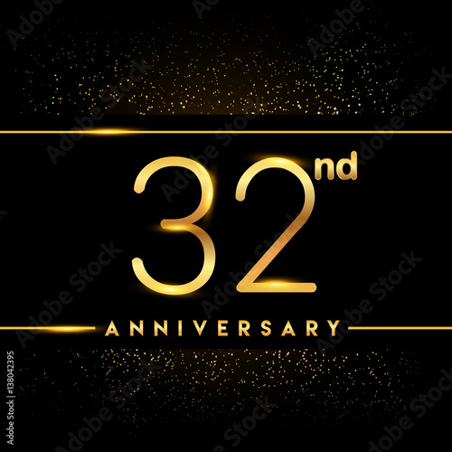 Celebrating of 32 years anniversary, logotype golden colored isolated on black background and confetti, vector design for greeting card and invitation card