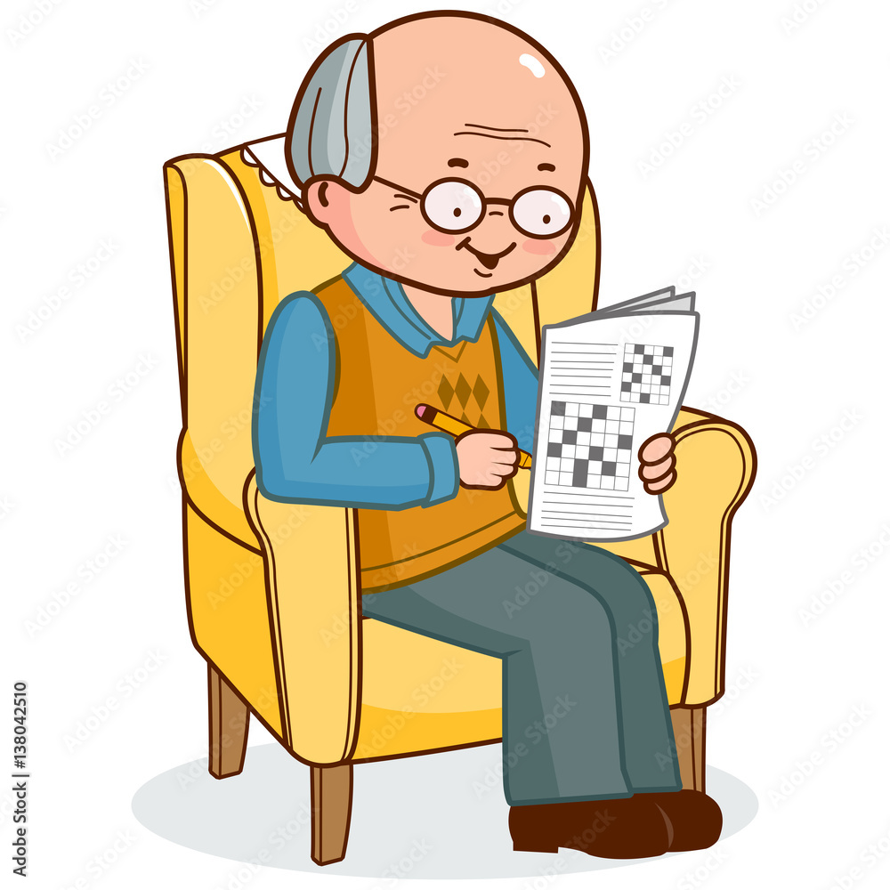 Old man sitting in his armchair and solving a crossword puzzle. Vector illustration Old man sitting in his armchair and solving a crossword puzzle. Vector illustration