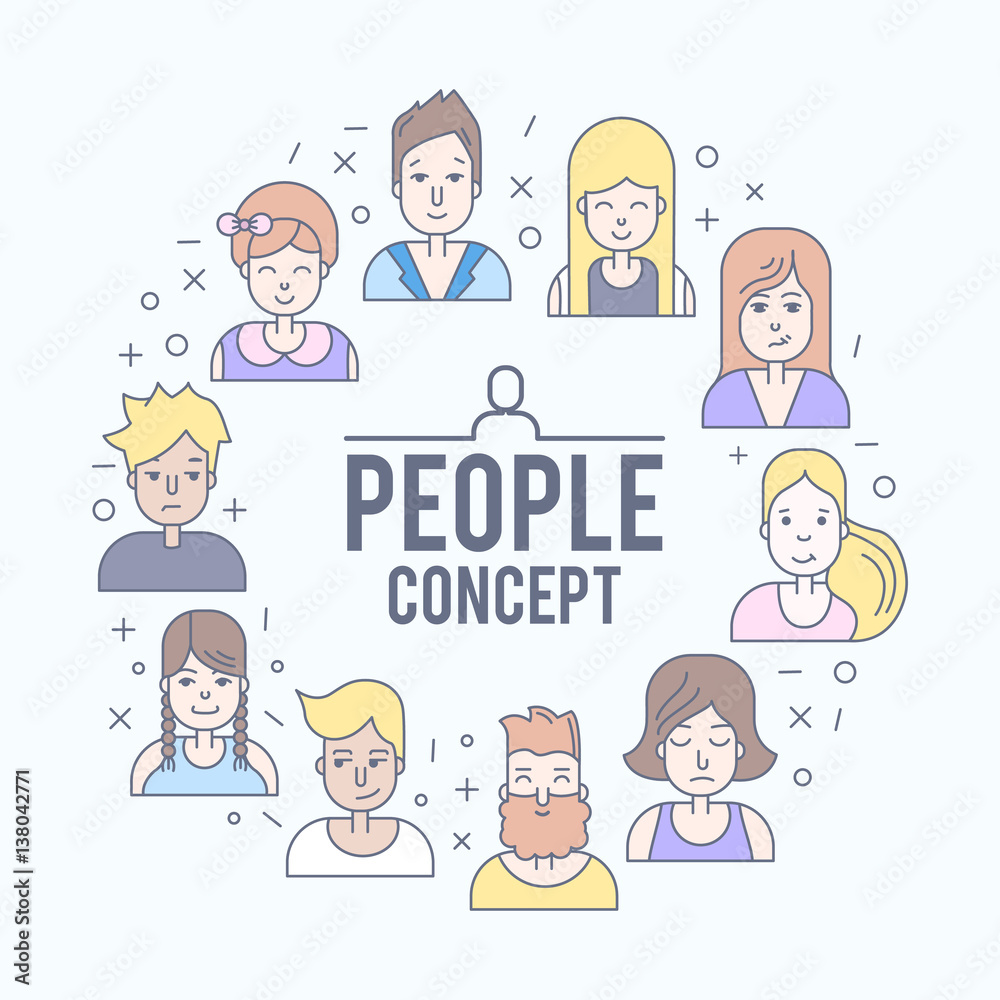 Linear Flat people faces vector illustration. Linear Flat people faces vector illustration.