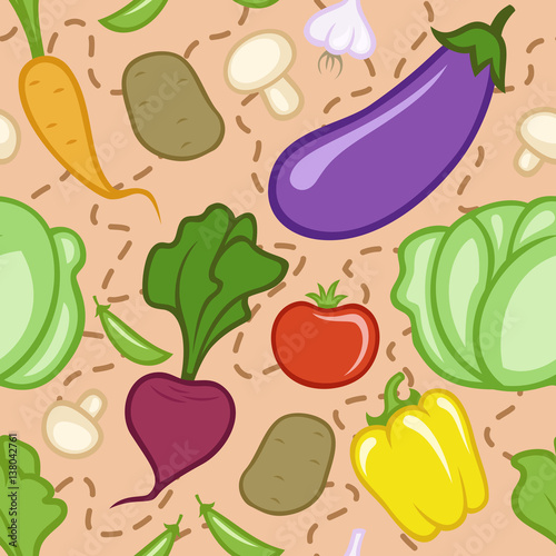 Seamless light brown pattern with different fresh vegetables. Vector illustration