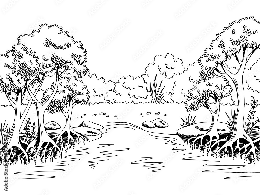 Jungle forest river graphic black white landscape sketch illustration ...