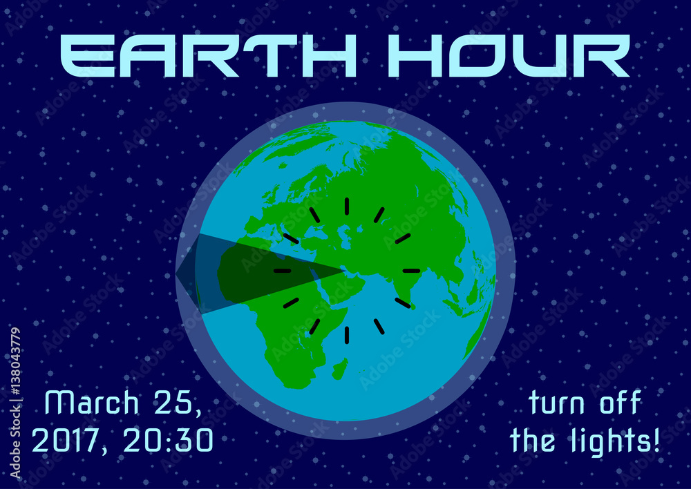 Earth Hour - global annual international event. Planet Earth with time clock on background of night starry blue sky in flat style. Vector illustration