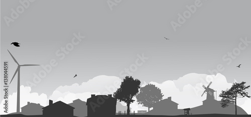 grey country landscape illustration with windmills