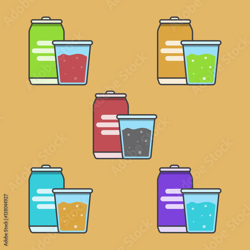 soda tins, color carbonated drink, sweet liquid, vector image, flat design, outline style