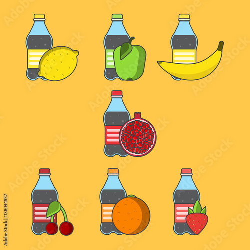 soda,aerated water with fruit taste, drink in a bottle,lemon, pomegranate, orange, apple, strawberry, banana, cherry, berry,vector image, flat design, outline style