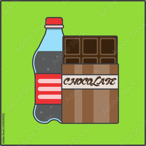 bottle with soda, sweet drink and dark chocolate,vector image, flat design, outline style