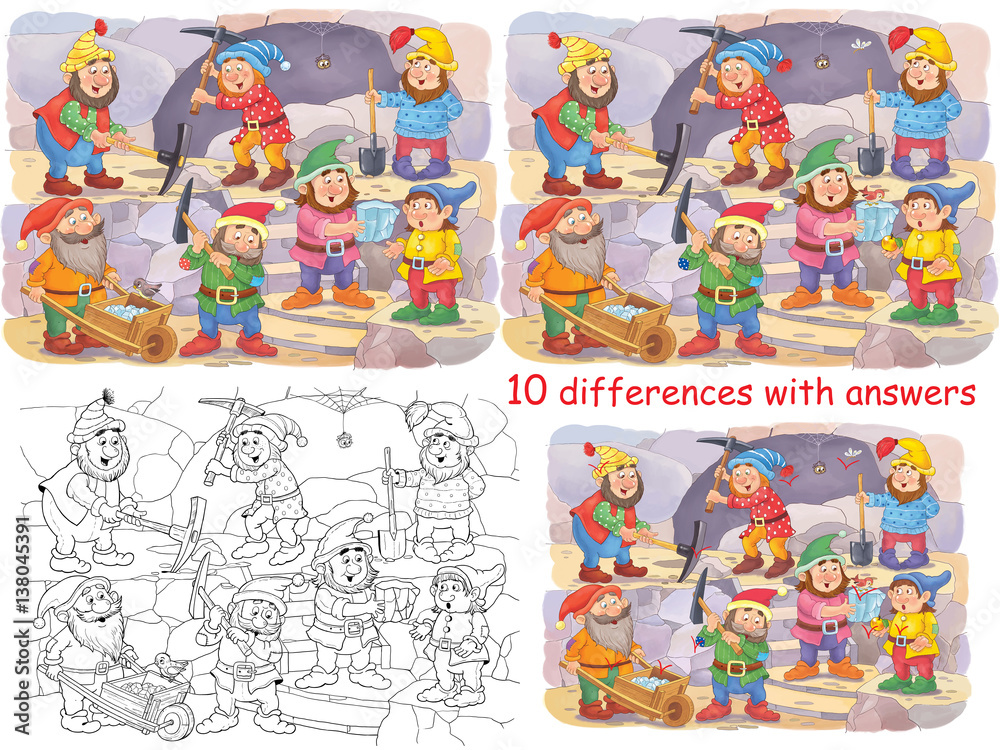 Snow White and the seven dwarfs. Fairy tale. Educational book. 10 differences and a coloring page. Snow White and the seven dwarfs. Fairy tale. Educational book. 10 differences and a coloring page.