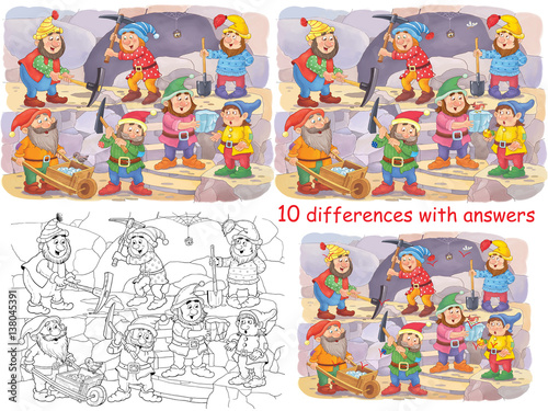Snow White and the seven dwarfs. Fairy tale. Educational book.  10 differences and a coloring page.