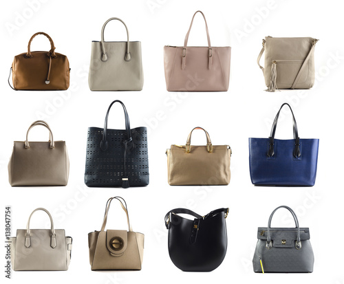 group of color leather women handbags isolated on white background