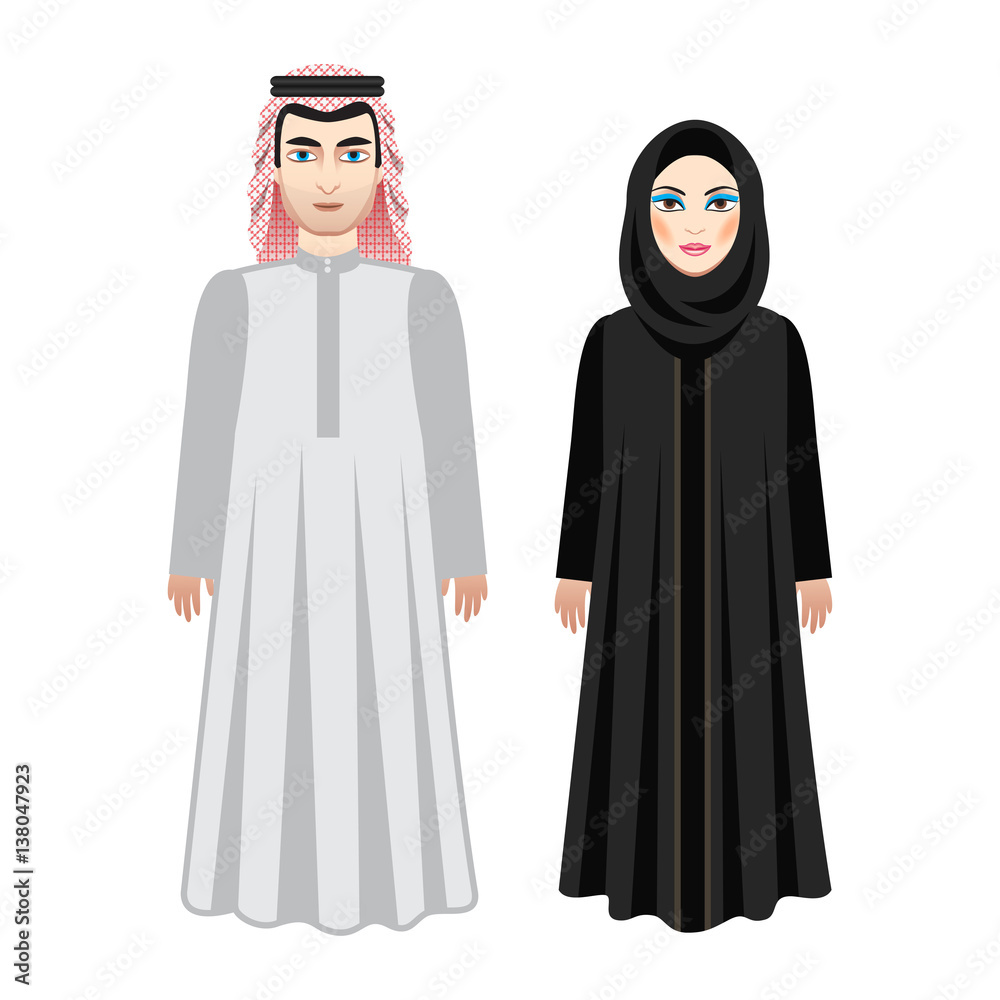 Arabic people, Saydi couple. Man and woman in traditional costume. Vector illustration.