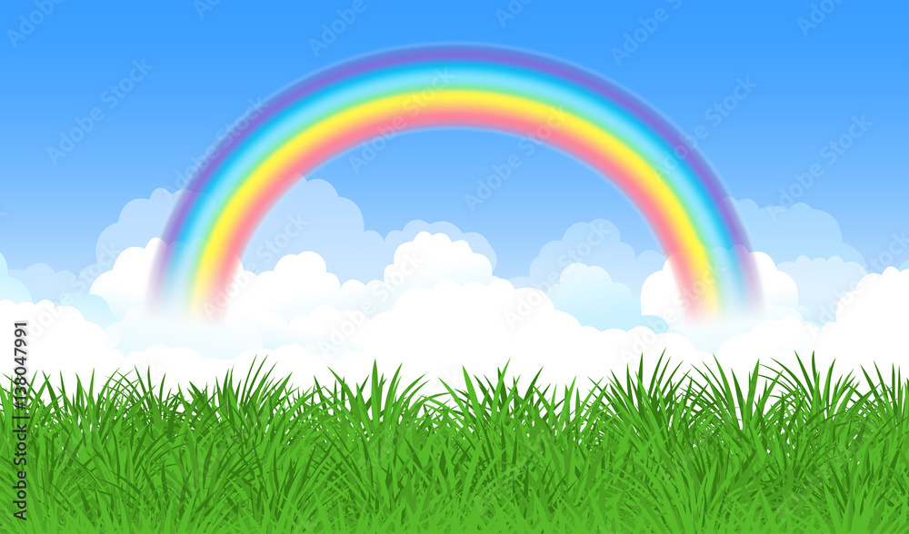 Bright arched rainbow with blue sky, clouds and green grass. Vector illustration.