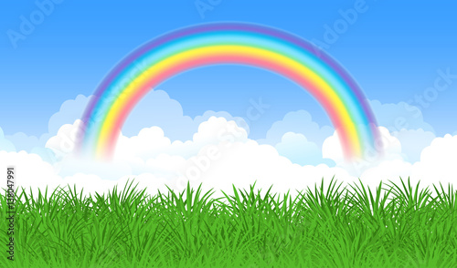 Bright arched rainbow with blue sky  clouds and green grass. Vector illustration.