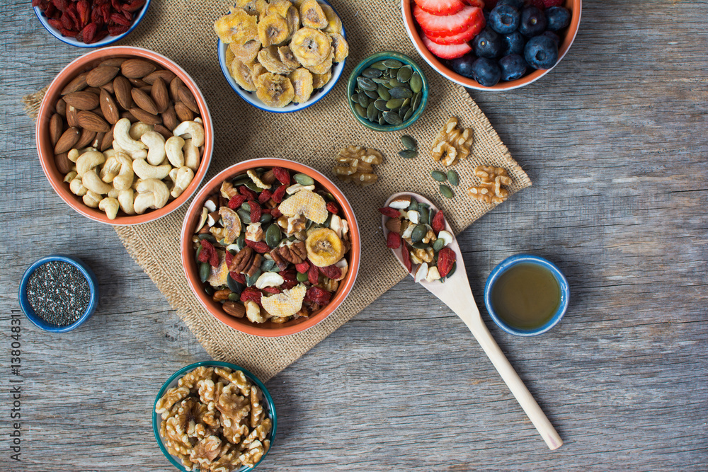 Paleo style breakfast: gluten free and oat free muesli made with nuts, dried berries and fruits, top view Paleo style breakfast: gluten free and oat free muesli made with nuts, dried berries and fruits, top view
