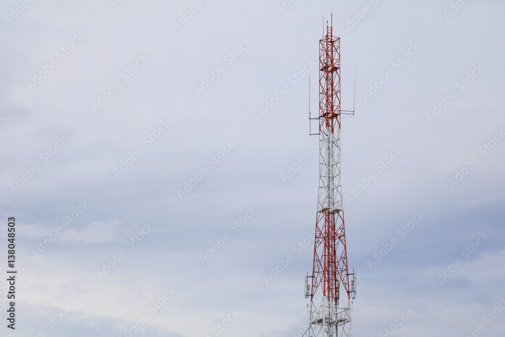 Telecommunication tower with antennas communication, telecom radio telephone mobile phone on sky background