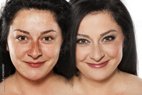 comparative portrait of a beautiful freckled woman with and without makeup © vladimirfloyd