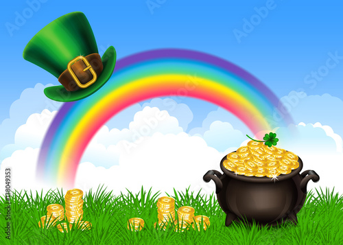 St.Patrick's Day symbols-Pot Of Gold and leprechaun hat. St.Patrick's Day background, Magical Treasure. Vector illustration.
